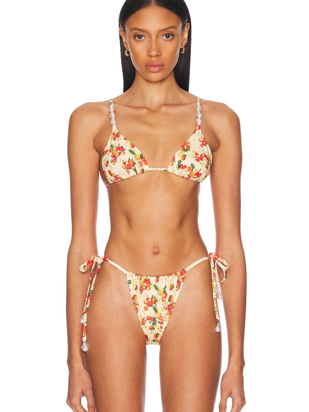 La Porte x Revolve Italian Orange Fruit Print Pearl Bikini Set Tie Top Bottoms